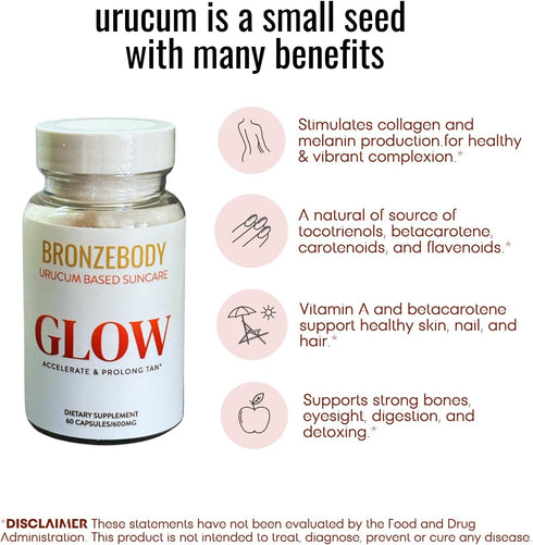 GLOW Capsules Accelerated Tanning Vegan Vitamins A Tocotrienols Antioxidants Melanin Collagen Urucum (ROUCOU, Annatto, Bixin, Urucu) Herbal Supple...