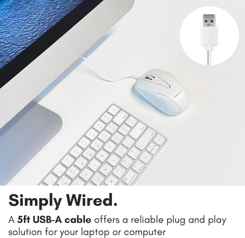 Macally USB Wired Mouse with 3 Button, Scroll Wheel, & 5 Foot Long Cord, USB Mouse for Laptop and Desktop, Computer Mouse Wired Compatible with Ap...