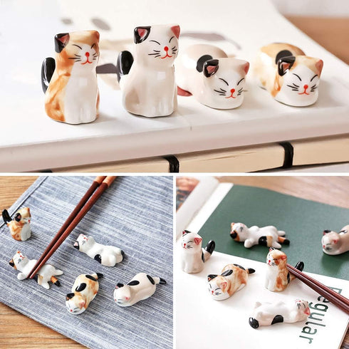 5 Pairs Chopsticks with 6 Cute Lucky Cats Chopstick Rest Set, Classic Japanese Style Reusable Light and Handy Natural Bamboo, Chinese Chopstick gi...