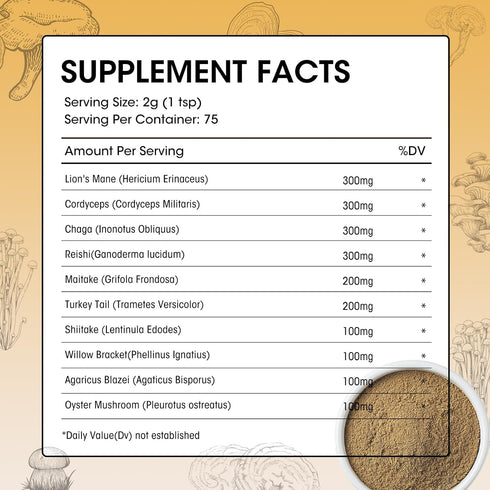 Mushroom Powder, 10 in 1 Mushroom Complex Formula Supplements for Coffee - Lions Mane, Shiitake, Reishi, Cordyceps, Chaga & More for Immunity, Ene...