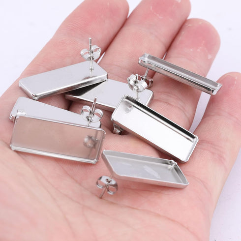 20pcs Stainless Steel 10x25mm Rectangle Cabochon Earring Setting Blanks Studs DIY Post Earring Base Bezel Pins for Jewelry Making Supplies...