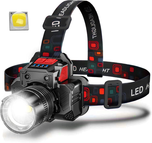 Rechargeable Super Bright LED Headlamps - Mechanical Rotational Zoom, 90°Angle Adjustable, USB Head Lamp with Power Bank - High Lumen - Waterproof...