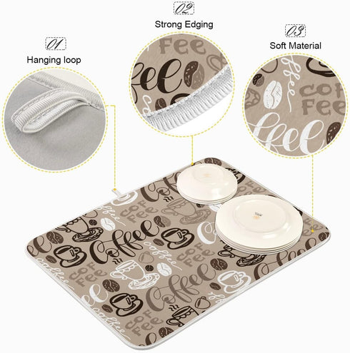 Coffee Mat Coffee Cup Drying Mat Coffee Maker Mat for Counter tops,Coffee Lover Microfiber Dish Drying Mats Medium Brown Kitchen Spill Mat 16x18 I...