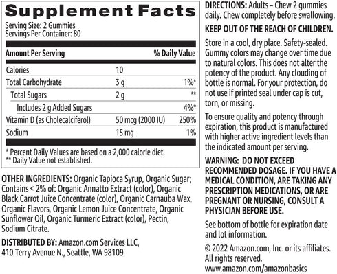 Amazon Basics Vitamin D3 2000 IU Gummies, Orange, Lemon & Strawberry, 160 Count (2 per Serving) (Previously Solimo)...