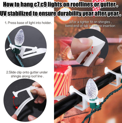 40 Pieces Christmas All-in-One Light Clips Gutter Clip Shingle Clip Plastic Light Hangers Work on C7 and C9 and Mini Lights (White)...