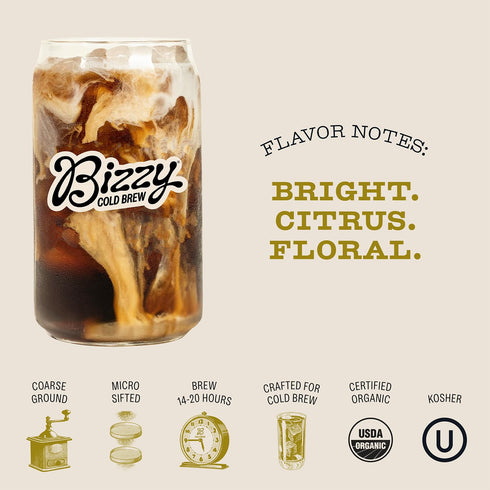 Bizzy Organic Cold Brew Coffee | Light & Bright Blend | Coarse Ground Coffee | Light Roast | Micro Sifted | Specialty Grade | 100% Arabica | Brew ...