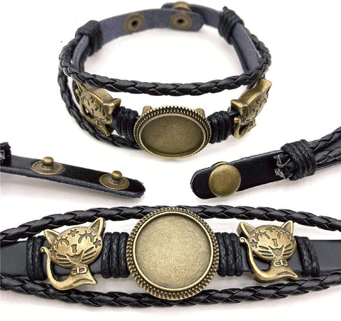 MIAO JIN 8PCS Braided Leather Bracelet Making Kit 18mm Blank round Cabochon Bezel Tray Button Adjust Leatherette Multilayer Rope Bangle Cuff Wrist...