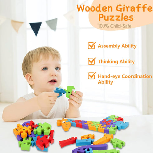 LovesTown Giraffe Wooden Puzzle, 26PCS Jigsaw Puzzle Alphabet and Number Blocks Wooden Building Blocks for Kid Preschool...