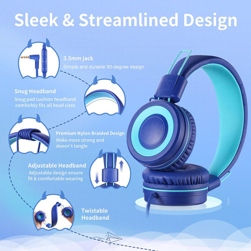 POWMEE P10 Kids Stereo Headphones with Microphone for Children Boys Girls,Adjustable 85dB/94dB Volume Control Foldable On-Ear Headphone for School...