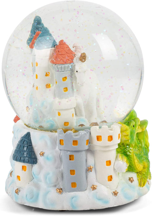 Elanze Designs Castle Unicorn with Green Dragon Tabletop Figurine Decoration 100MM Sturdy Glitter Water Wind Up Musical Snow Globe Plays Tune You ...
