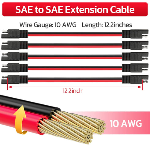 10 AWG SAE to SAE Extension Cable 10 Gauge 2-Pin SAE Connector Extension Cord with Dual Head Plug for Solar Panel Automotive Car Motorcycle 12in...