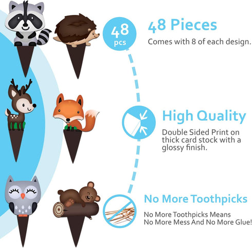 Pretty Cute Studios 48 Count Woodland Animals Cupcake and Cake Toppers – Includes 8 Owls, 8 Teddy Bears, 8 Raccoons, 8 Hedgehogs, 8 Foxes, and 8 R...
