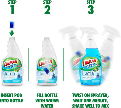 Libman Iluma Glass & Mirror Cleaner | Household Cleaning Products | Cleaning Supplies | Refillable Bottle | Glass Cleaner Spray | 24 fl oz Window ...