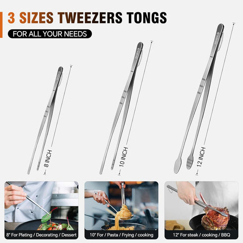 Kitchen Tweezers Tongs, Cooking Tweezers Stainless Steel - 3 Size 12'' 10'' & 8 inch Ideal for Meat, pasta, plating and pinching delicate small pi...