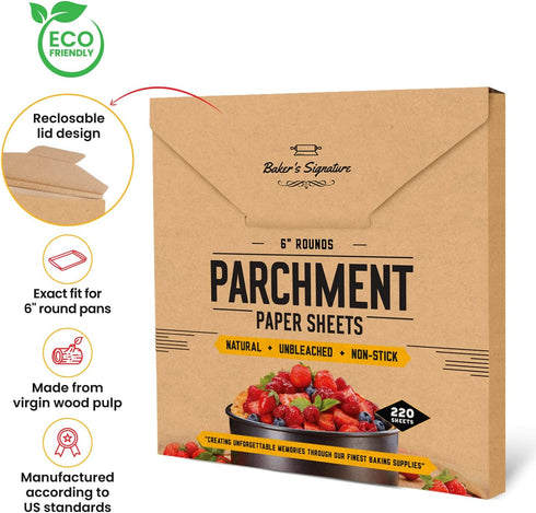 6 Inch Rounds Pack of 220 Parchment Paper Baking Sheets by Baker’s Signature | Precut Silicone Coated & Unbleached – Will Not Curl or Burn – Non-T...