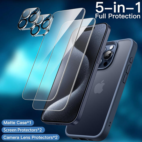 JETech 5 in 1 Matte Case for iPhone 15 Pro 6.1-Inch with 2-Pack Each Tempered Glass Screen Protector and Camera Lens Protector, Translucent Back S...
