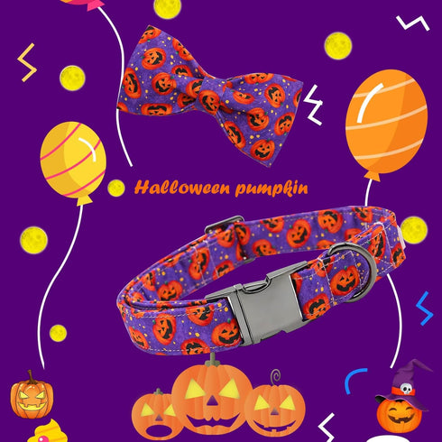 Dog Collar - Halloween Pumpkin Bowtie Dog Collar Gift Soft Bow Collar Pet Adjustable Metal Buckle Dog Collar for Large Dogs...
