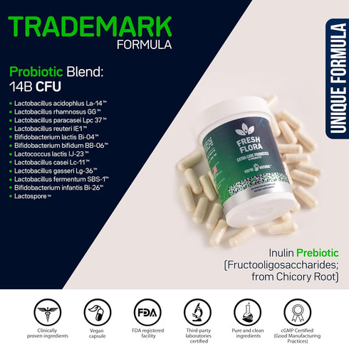 Fresh Flora - Probiotics & Prebiotics For Women and Men, Lactobacillus Lactospore, Howaru, 12 Registered Strain, Strengthens Immunity, Digestive &...