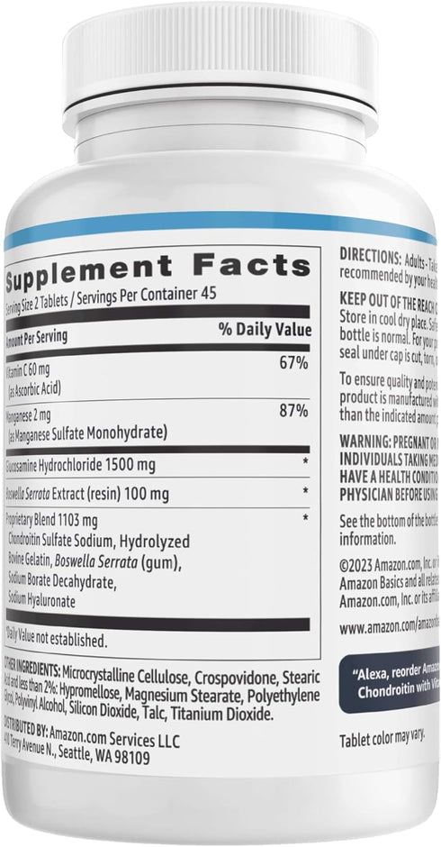 Amazon Basics Glucosamine 1500 mg with Chondroitin and Vitamin C 60 mg, 90 Tablets (2 per serving), Gluten Free...