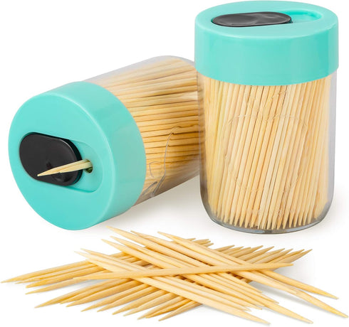 Urbanstrive Sturdy Safe Toothpick Holder with 800 Natural Wood Toothpicks for Teeth Cleaning, Unique Home Design Decoration, 2 Pack, Light Blue...