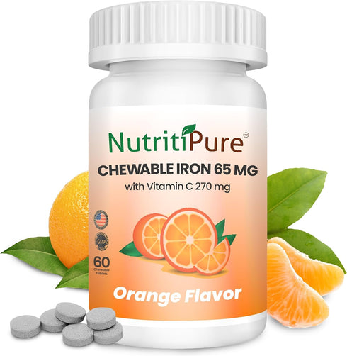Chewable Iron 65 mg with Vitamin C 270 mg (for Women/Men) |60 Days Supply | No Sugar- Zesty Orange Flavor Supplement 60 Count...