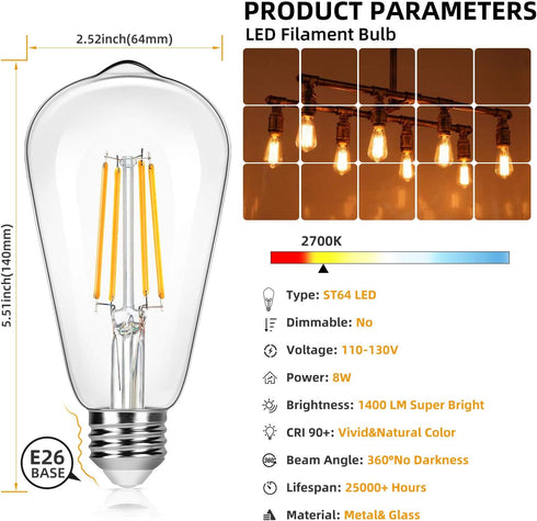 4-Pack Vintage 8W ST64 LED Edison Light Bulbs 100W Equivalent, 1400Lumens, 2700K Warm White, E26 Base LED Filament Bulbs, CRI 90+, Antique Glass S...