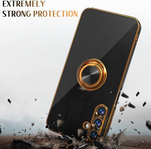 Samsung Galaxy A25 5G Cellular Phone Case with Tempered Glass Screen Protector, Rose Gold Plated Edge, Magnetic Kickstand, Black...