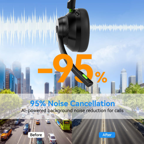 AUSDOM Trucker Bluetooth Headset with Microphone: A2301 Wireless 5.2 On-Ear Headset with AI Noise Cancelling Mic & Mute Button, 50H Playtime for W...