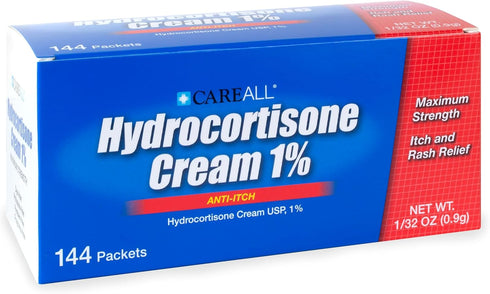 CareAll Hydrocortisone Cream 1% (144 Pack), 0.9gr Foil Packet. Maximum Strength Formulation, Anti-Itch Rash Skin Cream Relieves Itching, Eczema, I...