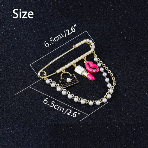 Gold Tone Crystal Pearl Chain Safety Pin Brooch Cardigan Hat Scarf Pin Brooch with Red Lip Charm...