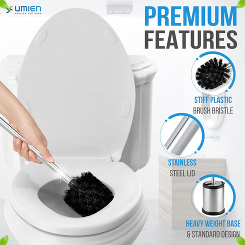 UMIEN Toilet Brush with a Lid - Stainless Steel Toilet Brush with Freestanding Canister - Modern and Sleek Bathroom Cleaning Accessories...