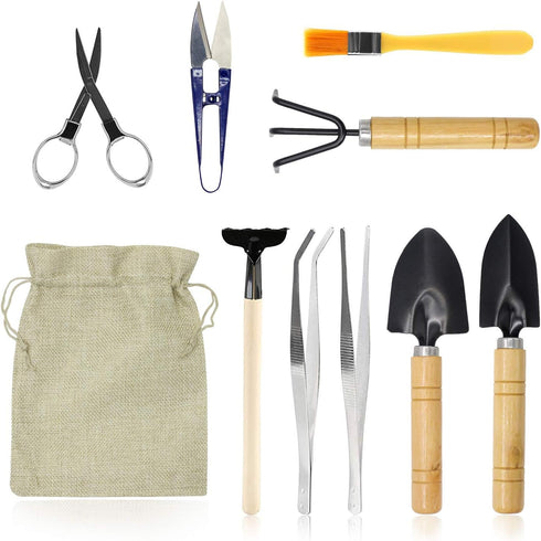 Bonsai Set 10 PCS-Mini Gardening Tools Kit for Indoor Outdoor Bonzai Include Pruner, Fold Scissors, Mini Rake, Tweezers, Cleaning Brush...