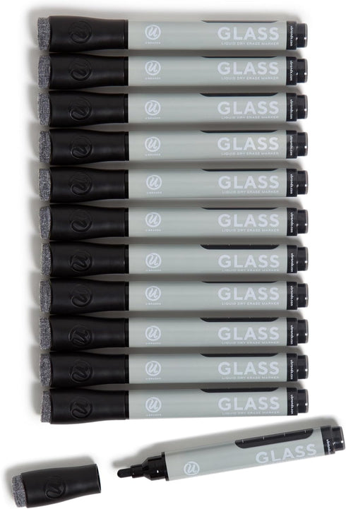 U Brands Liquid Glass Board Dry Erase Markers With Erasers, Set of 12, Black, Low-Odor, Bullet (3 mm) Point...