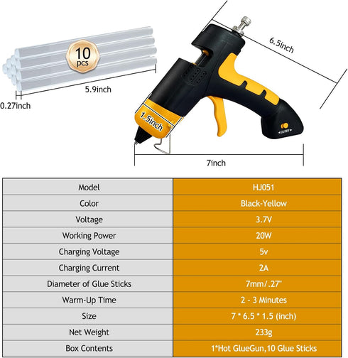 Cordless hot glue gun Kit with 10 Glue Sticks, High Temp for School Crafts DIY Arts and Quick Home Repairs (Cordless Yellow)...
