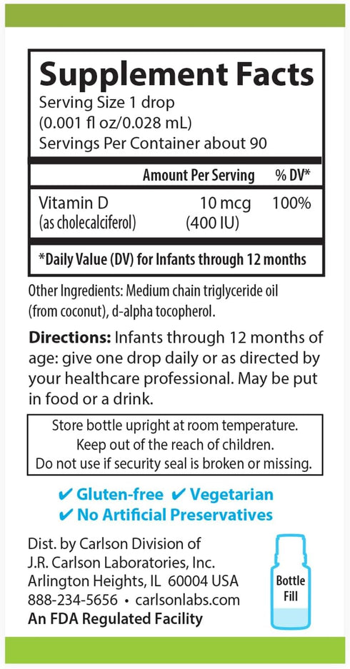 Carlson - Baby's Plant-Based Super Daily D3, Baby Vegetarian Liquid Vitamin D Drops, 400 IU (10 mcg) per Drop, Sourced from Algae, for Infants and...