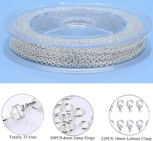 AKHAT 33 Feet 2 mm Silver Chain for Jewelry Making Copper Necklace Chain with 50 Jump Rings and 22 Lobster Clasps for Jewelry Making Variety (Silv...