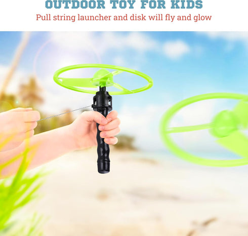 Botabee Flying Disc Launcher Toy for Kids - 4.5" Pull String Launcher Glowing Disk for Outdoor Fun - Durable Plastic Flying Disc Toy - Early Child...