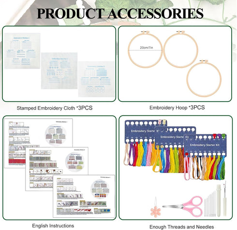 KAHEAUM Embroidery Kit for Beginners Adults Simple Cross Stitch Kits for Kids Gift Decor,3 Set DIY Starter Embroidery Patterns Needlepoint Crafts ...