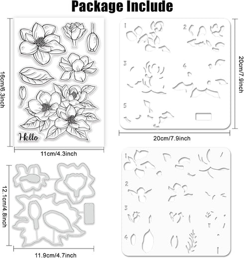 Realistic Magnolia Flower Stamps and Die and Layering Coloring Stencil Bundle for Card Making Album Arts Crafts Supplies...
