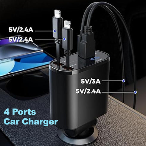 Retractable USB C Car Charger 4-in-1, 120W with 2.6ft Type C Cable, QC 3.0 & PD 3.0 Super Fast Charging for iPhone 12/13/14/15, Samsung Galaxy, iP...