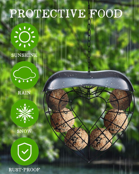 Hanging Wild Bird Feeder, Suet Ball Bird Feed Dispenser, Suet Ball Holder for Outside, Fat Ball Feeder, Heart Shaped...