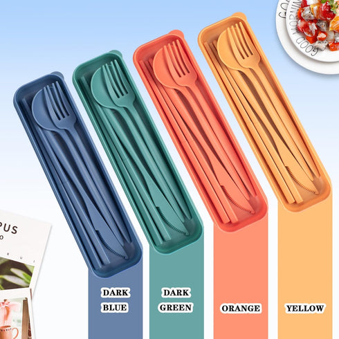 Reusable Utensils Set with Case, 4 Sets Portable Knives Spoons and Forks Chopsticks Travel Cutlery Set for Lunch Box Accessories, Plastic Camping ...