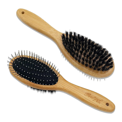 Dogs & Cats Double Sided Boar Bristle Pin Brush, Pets Hair Remover, Gently Cleaning Grooming Tool with Bamboo Handle, Remove Loose Hair, Fur, Unde...