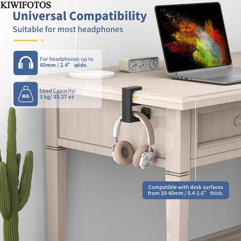 KIWIFOTOS Headphone Stand Holder Under Desk, PC Gaming Headset Hook Hanger Mount with 360 Adjustable Rotating Arm Clamp & Built in Cable Clip - Bl...