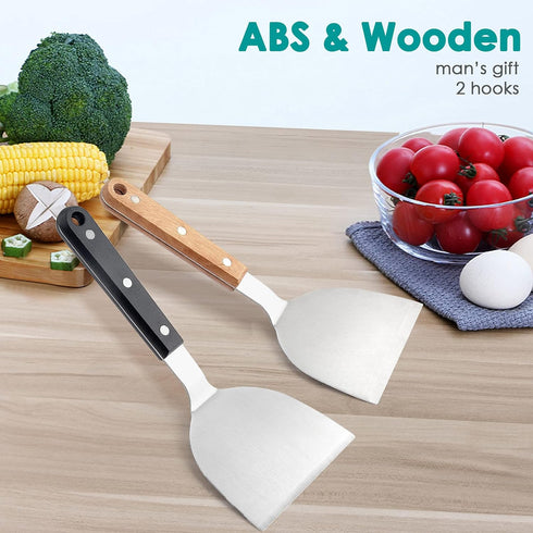 Metal Spatulas, HaSteeL Stainless Steel Griddle Spatula Turners with Wooden Handles, Professional Griddle Tools for Flat Top Teppanyaki Skillet Ca...