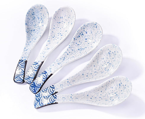 Ceramic Soup Spoons Japanese Ramen Spoons Set of 5 Wonton Spoon for Pho Ramen Noodles Wonton Dumpling Rice,With Blue Spots...
