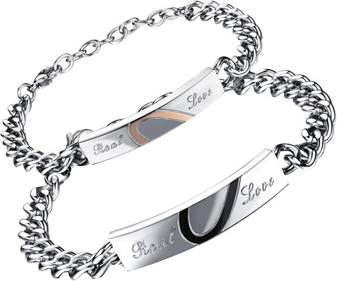 Flongo Men's Womens 2PCS Real Love Stainless Steel Couples Matching Heart Link Wrist Valentine Love Engagement Promise Gift Bracelet...