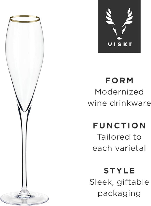 Viski Gold-Rimmed Crystal Champagne Flutes, Crystal Drinking Glasses, Stemmed Wine Martini Glass Set, Housewarming Wedding Wine Gift - Set of 2, 8...