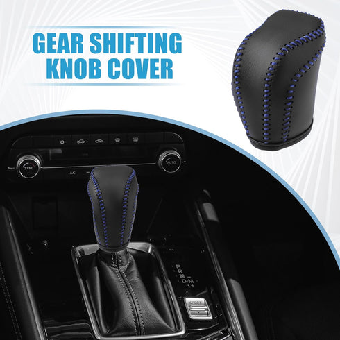 Gear Shift Head Knob Cover Transmission Lever Trim for Toyota RAV4 2013 2014 2015 2016 Faux Leather Black Blue Stitches...