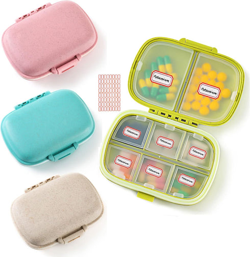 4 Pack Pill Organizer, Daily Pill Case with Label, 8 Compartment Travel Pill Box for Pocket Purse, Medicine Case, Waterproof Portable Pill Supplem...